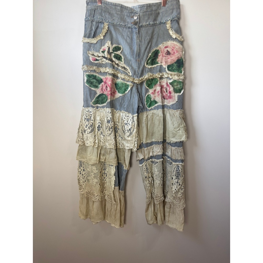 A Rare Bird Floral Applique Lace Ruffle Tiered Wide Leg Pants Blue Cream - Picture 2 of 3
